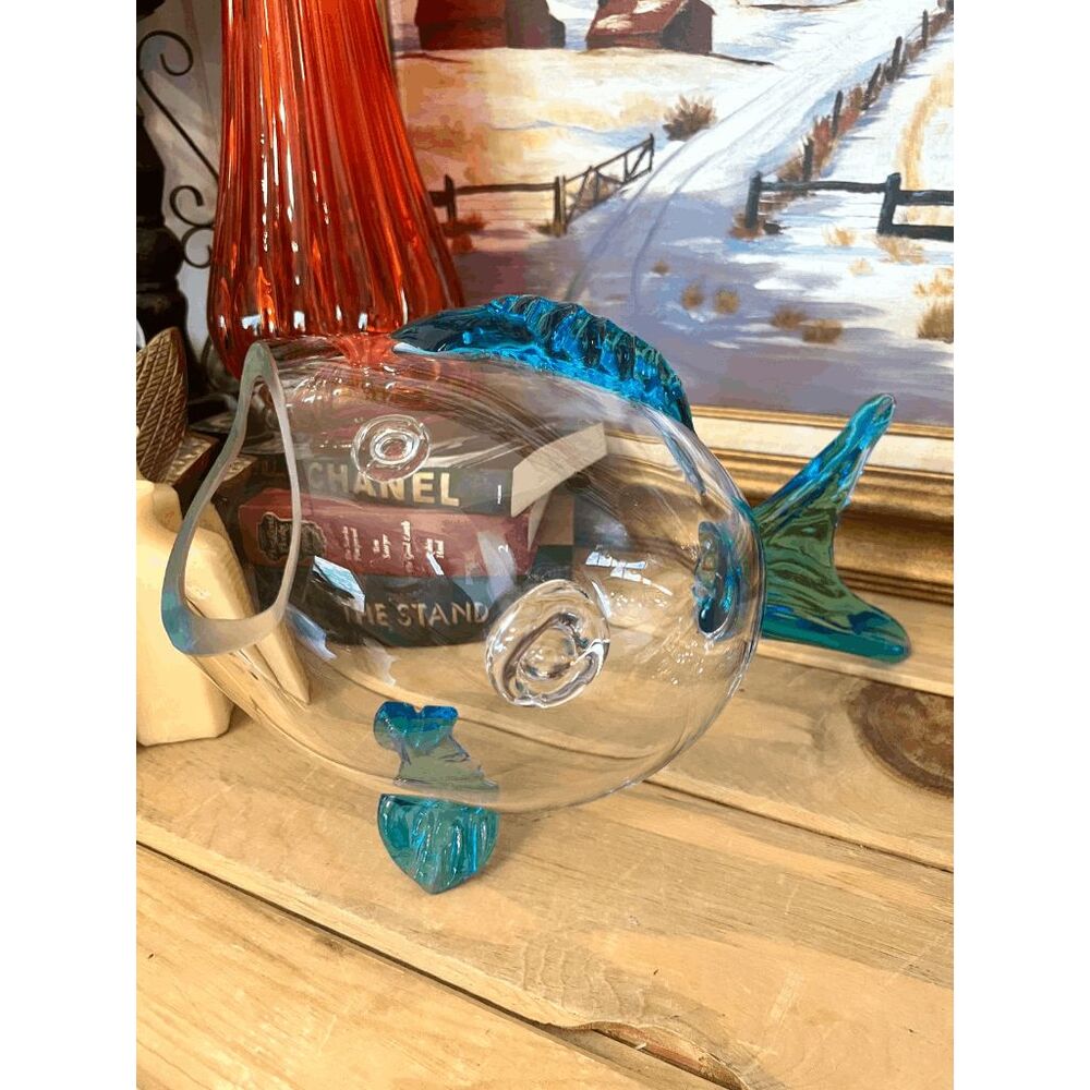 Vintage Blenko Style Glass Fish Vase Clear Art Glass Bowl with Aqua Blue Fins